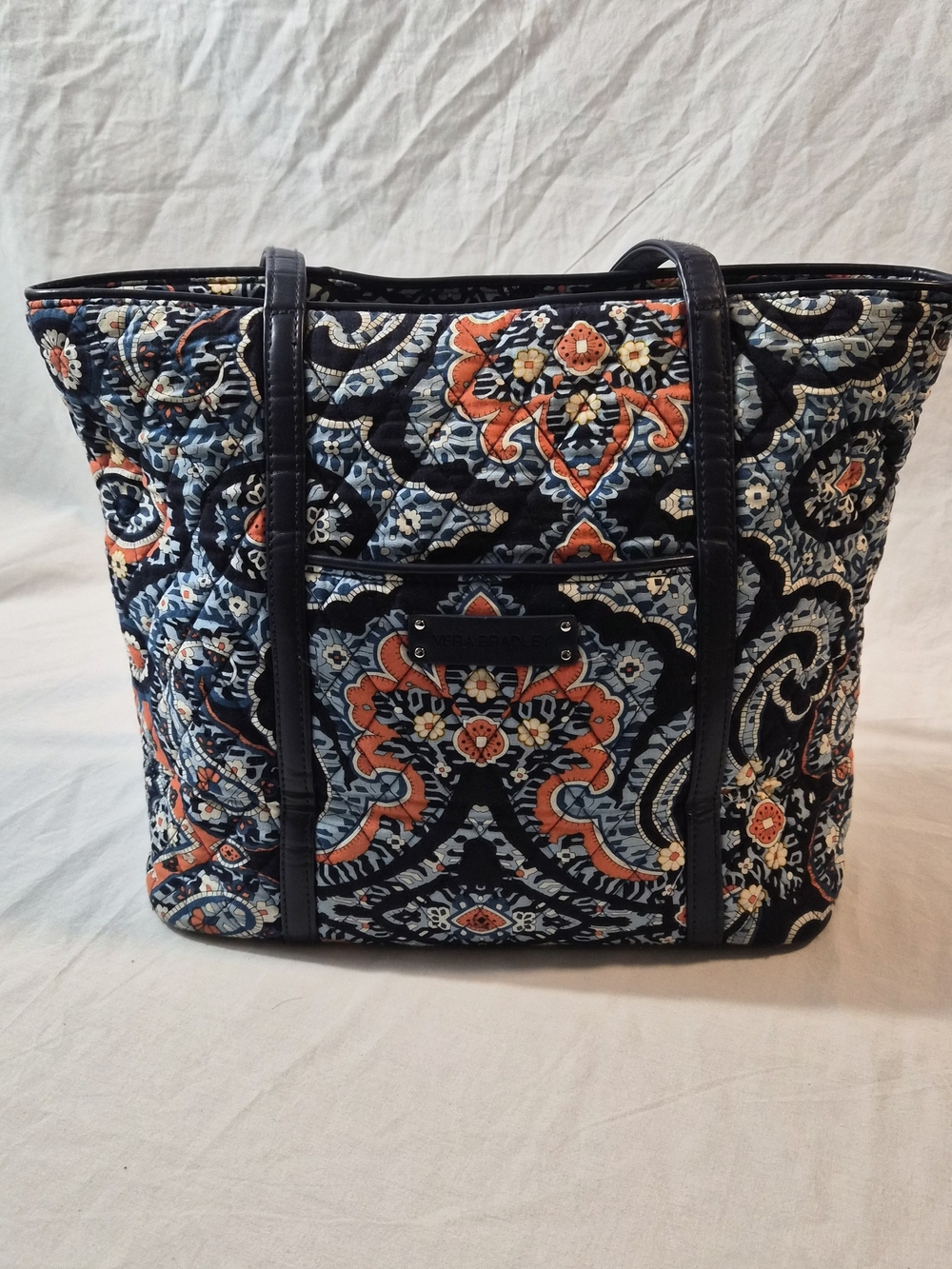 Vera Bradley Marrakesh Quilted Tote Bag Navy Blue Coral Large Shoulder Purse
